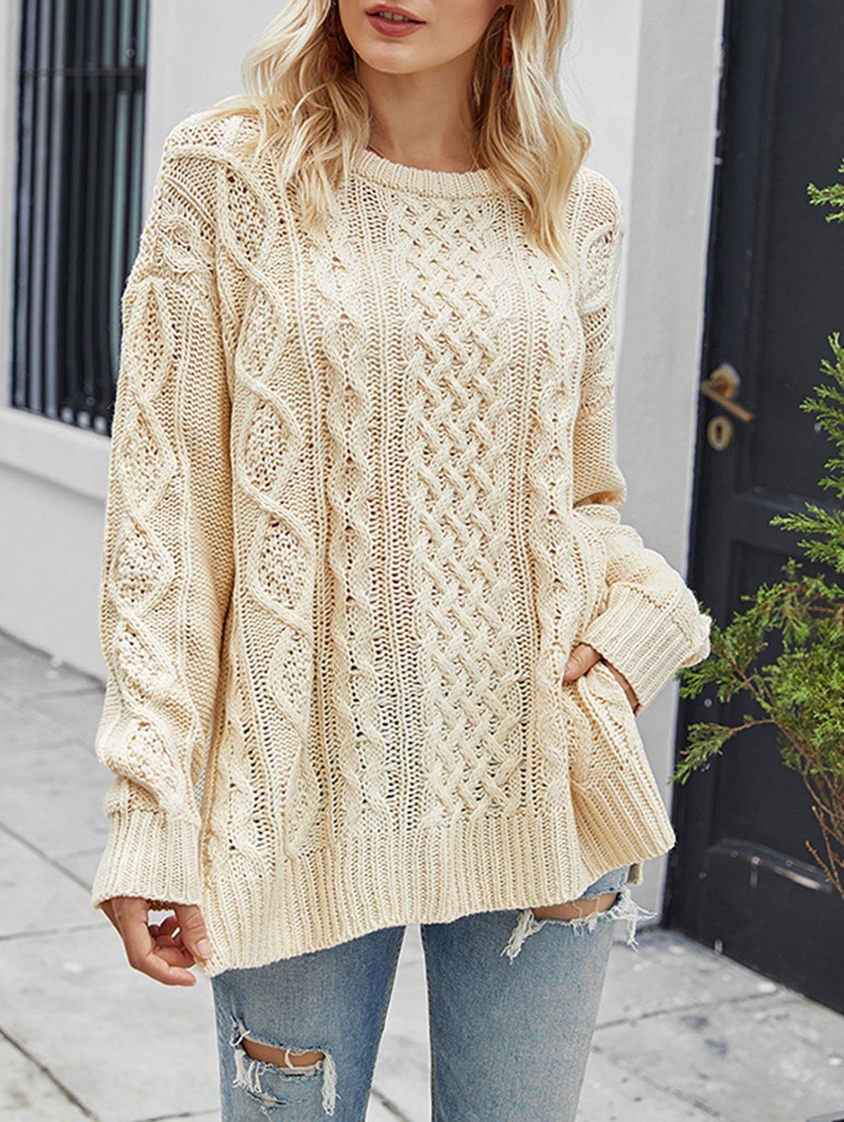 

Cable Knit Side Slit Crew Neck Fisherman Sweater, Light yellow