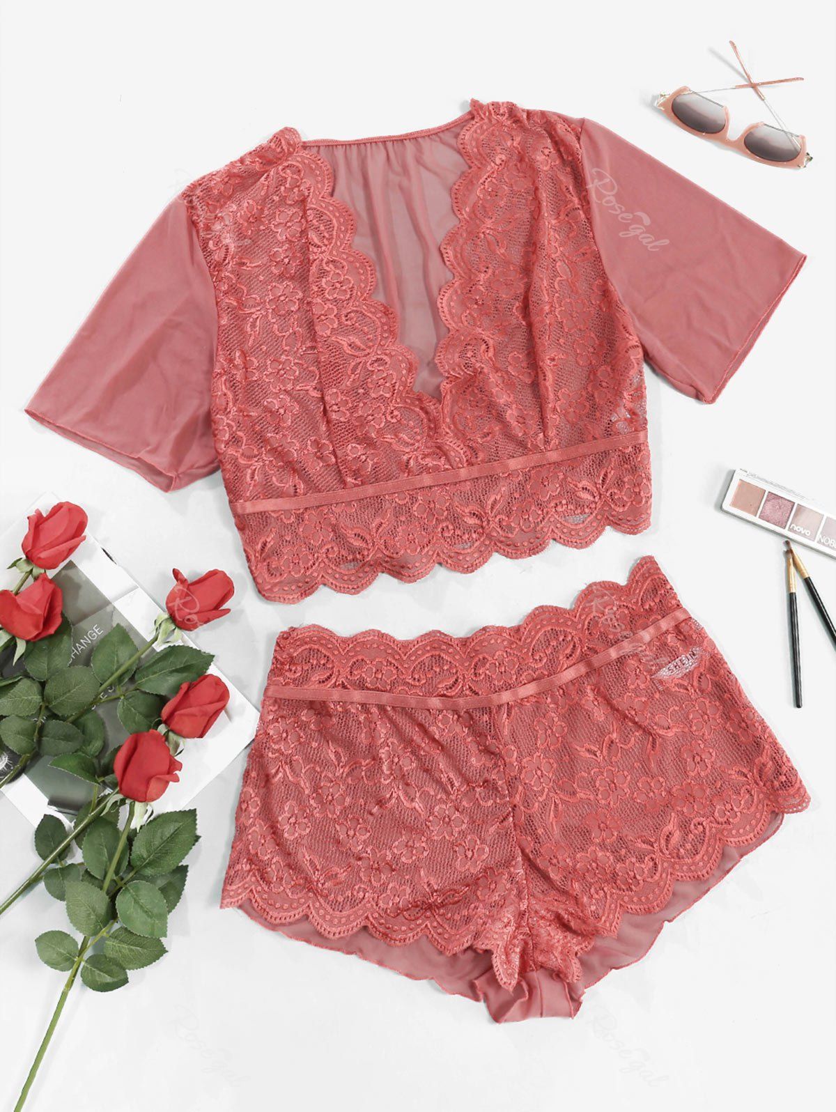 

Plus Size Plunge Sheer Lace Mesh Lingerie Set, Light pink