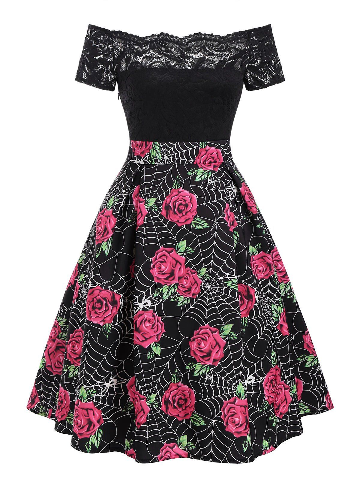 

Halloween Spider Web Flower Print Lace Panel Dress, Black