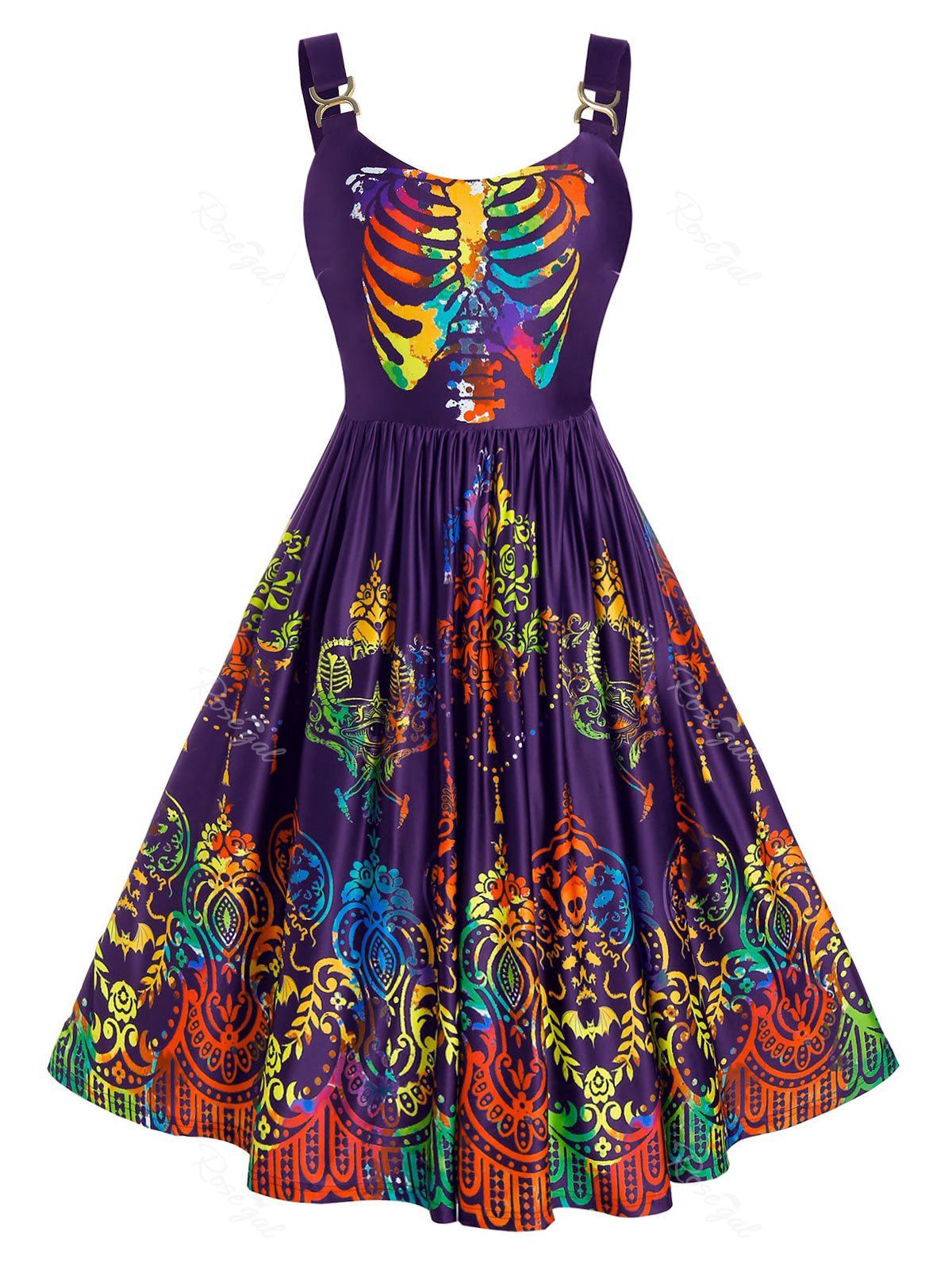 

Plus Size Colorful Skulls Skeleton Halloween Backless Retro Dress, Purple iris