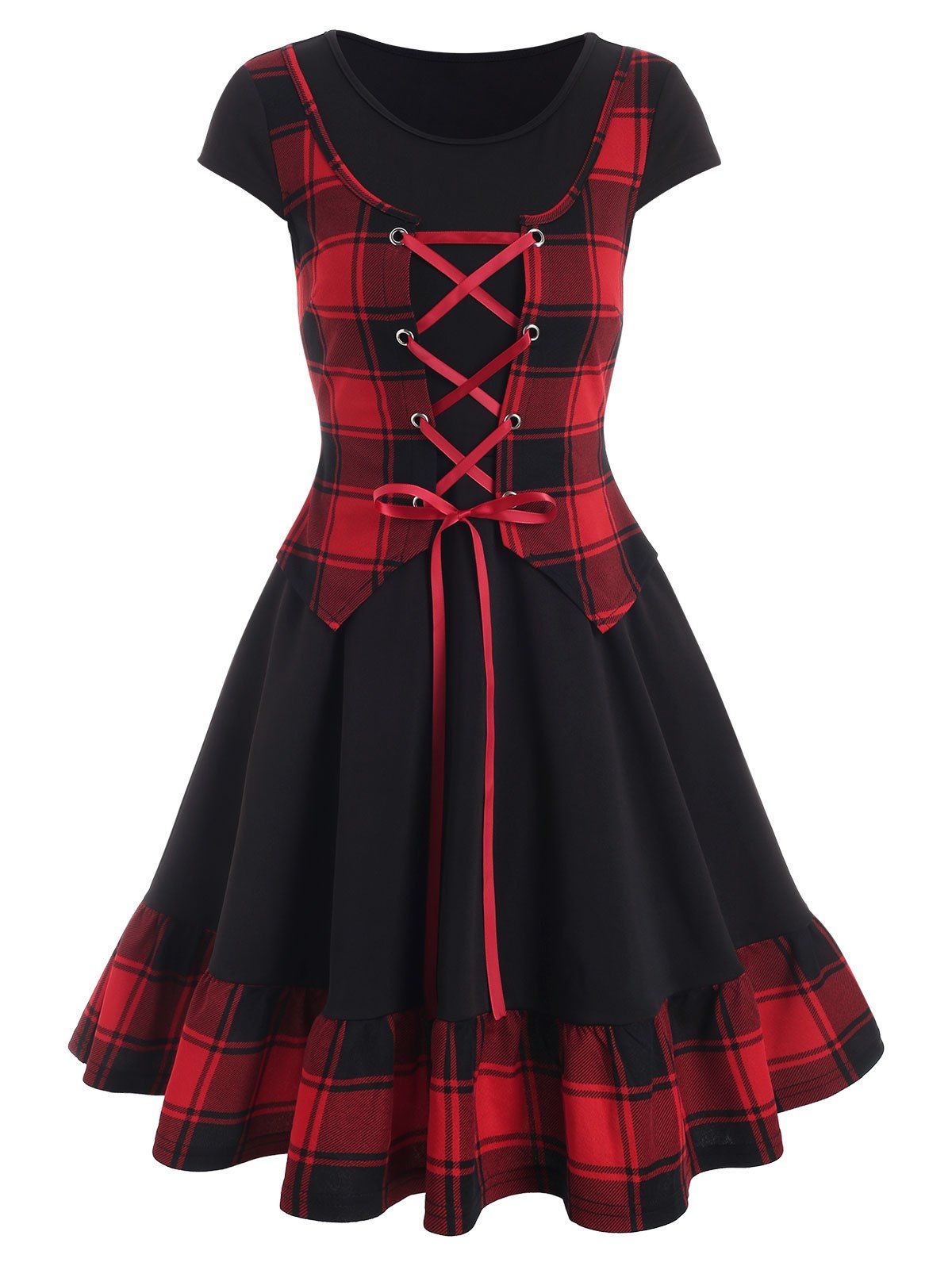

Plaid Print Lace-up Flounce Hem Twofer Dress, Black