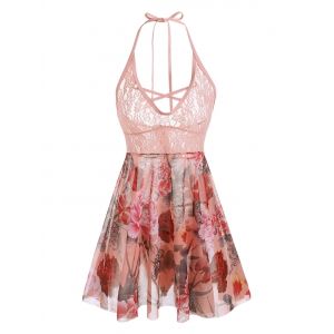 

Plus Size Halter Lace Insert Backless Floral Babydoll Set, Light pink