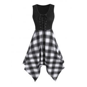 

Lace Up Plaid Print Sleeveless Asymmetrical Dress, Black