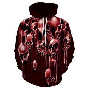 

Halloween Liquid Skull Pattern Front Pocket Drawstring Hoodie, Red wine