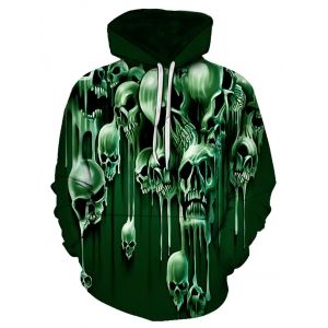 

Halloween Liquid Skull Pattern Front Pocket Drawstring Hoodie, Deep green