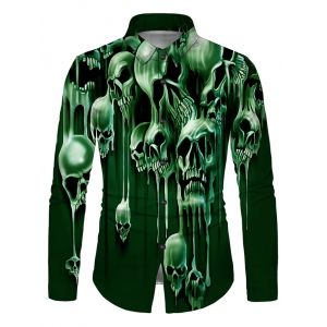 

Liquid Skull Print Button Up Long Sleeve Shirt, Deep green