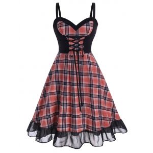 

Plus Size Lace-up Flounce Hem Plaid Dress, Light pink