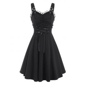 

Sleeveless Buckle Detail Lace Panel Lace-up Dress, Black
