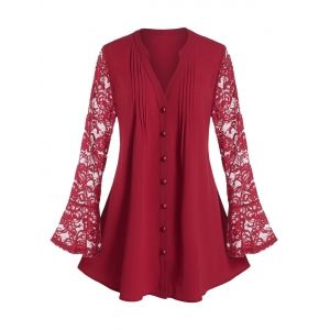 

Plus Size Lace Flare Sleeve Sheer Pintuck Tunic Blouse, Red wine