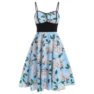 

Flowers Printed High Waist Flare Slip Dress, Day sky blue