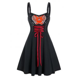 

Gothic Skeleton Heart Print Flare Dress, Black