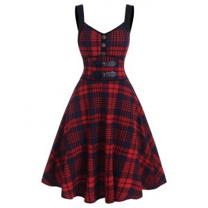 

Plaid Print Dual Buckles Knitted Cami Dress, Multi a