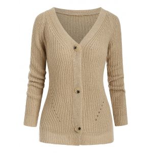 

V Neck Openwork Detail Raglan Sleeve Cardigan, Light yellow