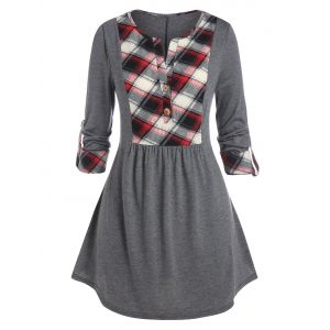 

Plus Size Plaid Cuffed Roll Tab Sleeve Placket Tunic Tee, Battleship gray