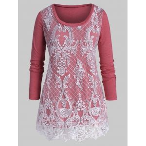 

Plus Size Floral Lace Embroidery Layered T Shirt, Cherry red