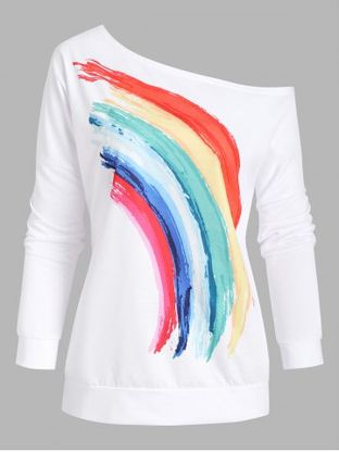Skew Collar Rainbow Print Drop Shoulder Sweatshirt