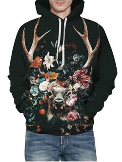 Floral Cattle Graphic Front Pocket Drawstring Hoodie - BLACK - M
