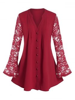 Plus Size Lace Flare Sleeve Sheer Pintuck Tunic Blouse - RED WINE - L