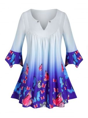 Plus Size Butterfly Ombre V Notch Tunic Hanky Cuff Tee