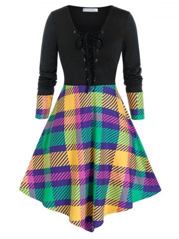 Plus Size Plaid Lace Up Asymmetric Dress - BLACK - 1X