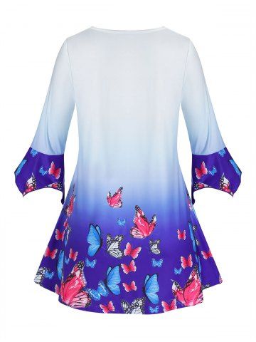 Plus Size Butterfly Ombre V Notch Tunic Hanky Cuff Tee