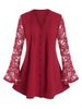Plus Size Lace Flare Sleeve Sheer Pintuck Tunic Blouse -  