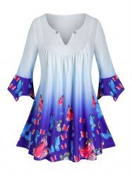 Plus Size Butterfly Ombre V Notch Tunic Hanky Cuff Tee -  
