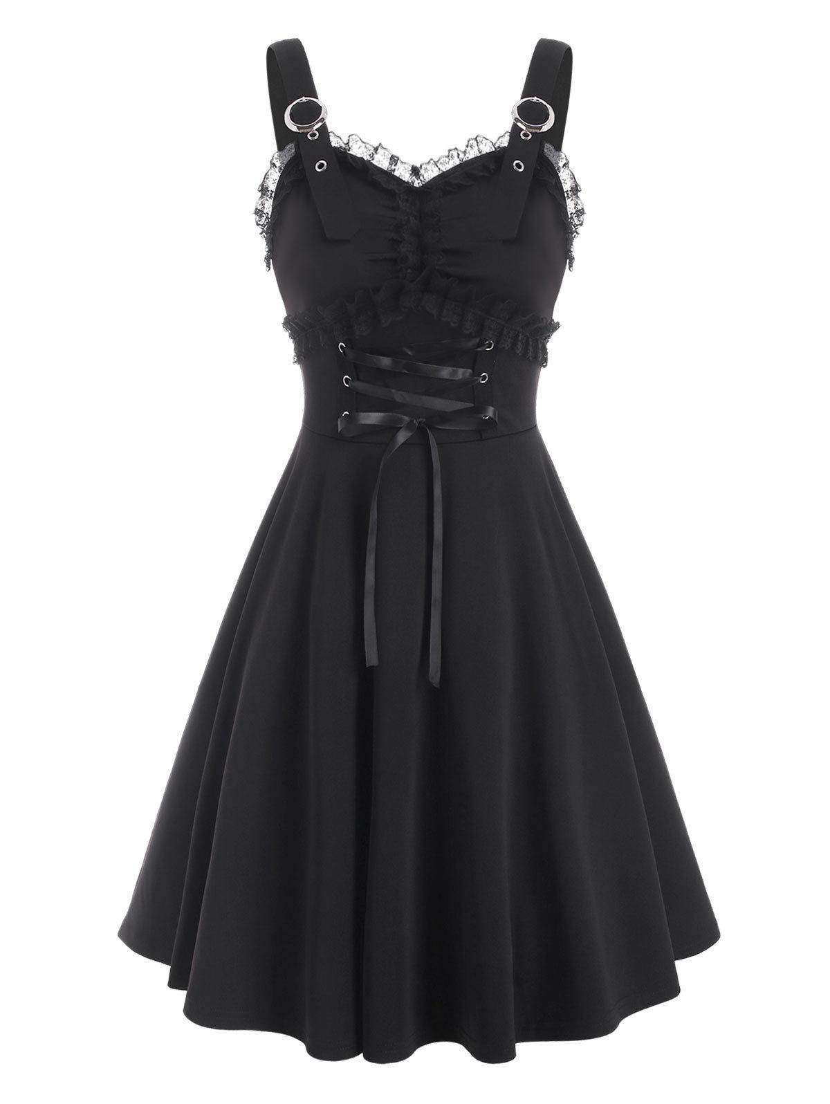 

Sleeveless Buckle Detail Lace Panel Lace-up Dress, Black