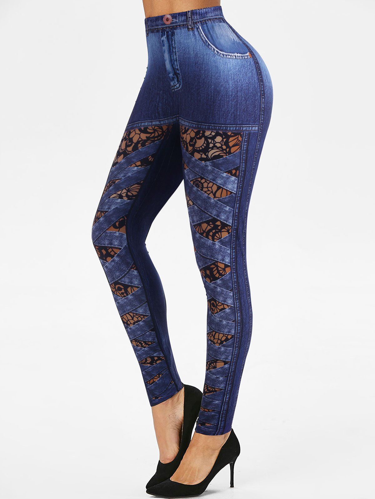

Floral Crisscross Print Faux Denim Pull On Leggings, Denim dark blue