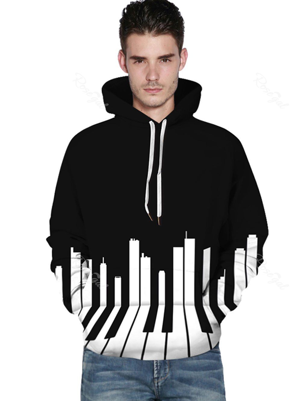 

3D Piano Print Kangaroo Pocket Hoodie, Black