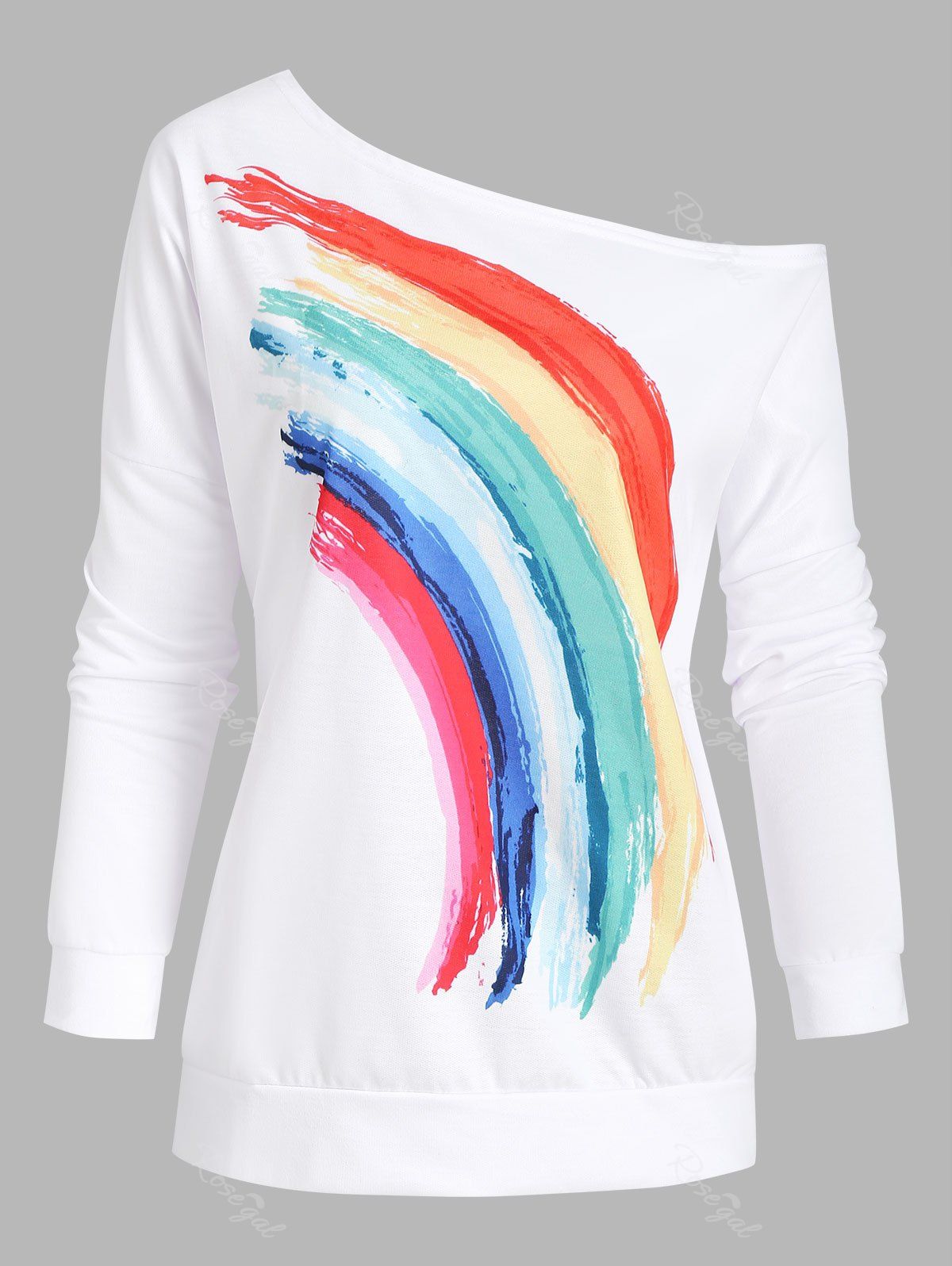 Outfit Skew Collar Rainbow Print Drop Shoulder Sweatshirt  