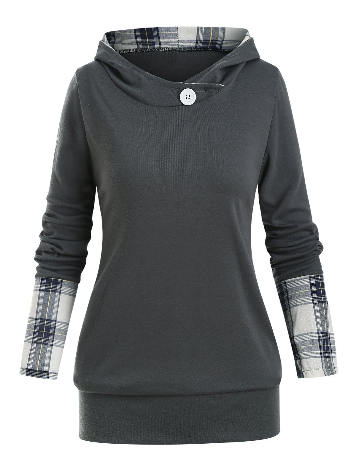 

Hooded Plaid Panel Long Sleeve Jersey Top, Gray