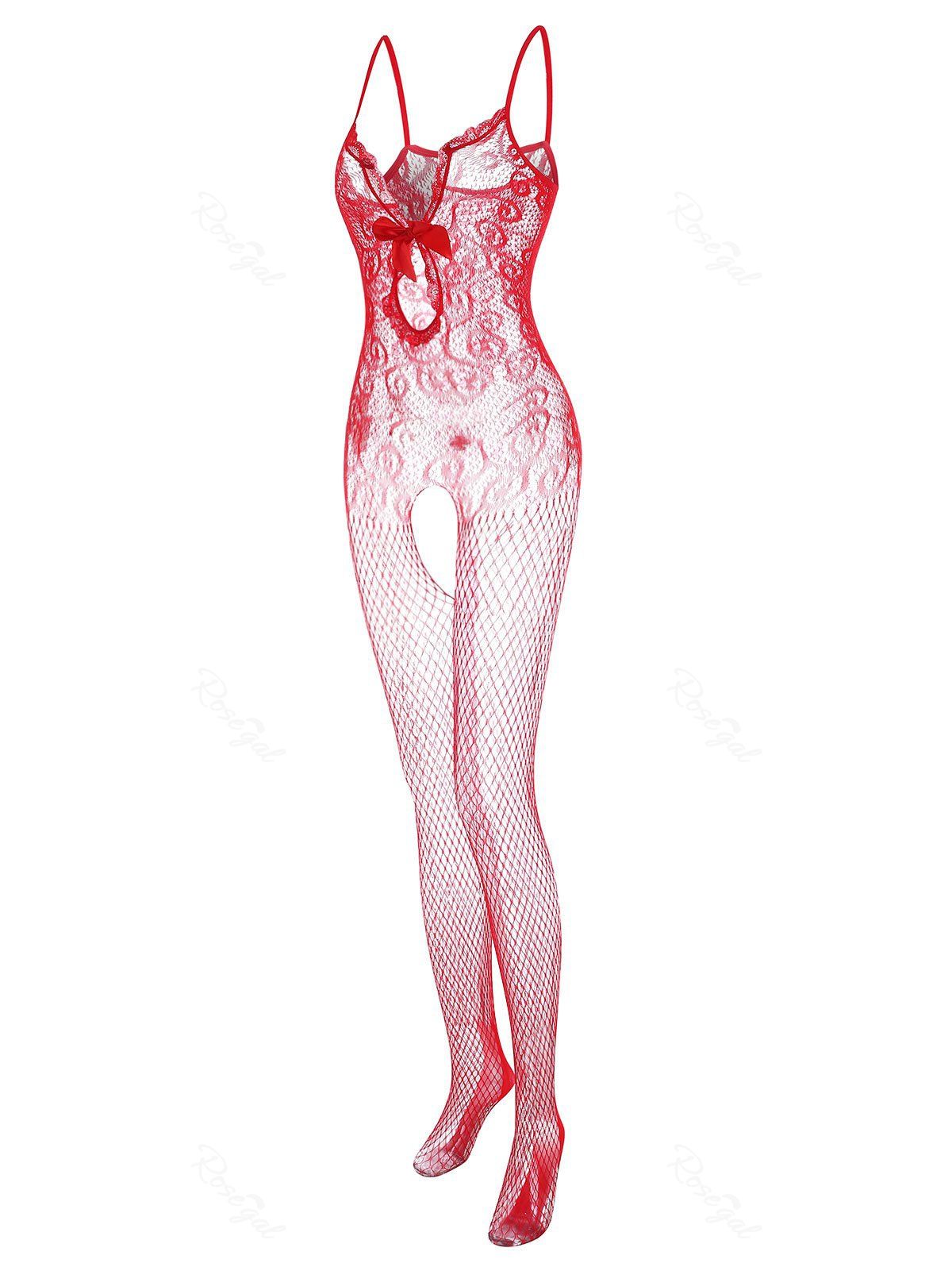 

Plus Size Lace Panel Fishnet Sheer Bowknot Bodystocking, Red