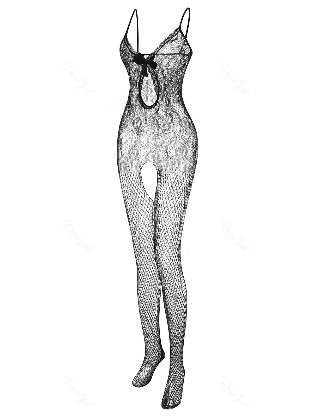 

Plus Size Lace Panel Fishnet Sheer Bowknot Bodystocking, Black