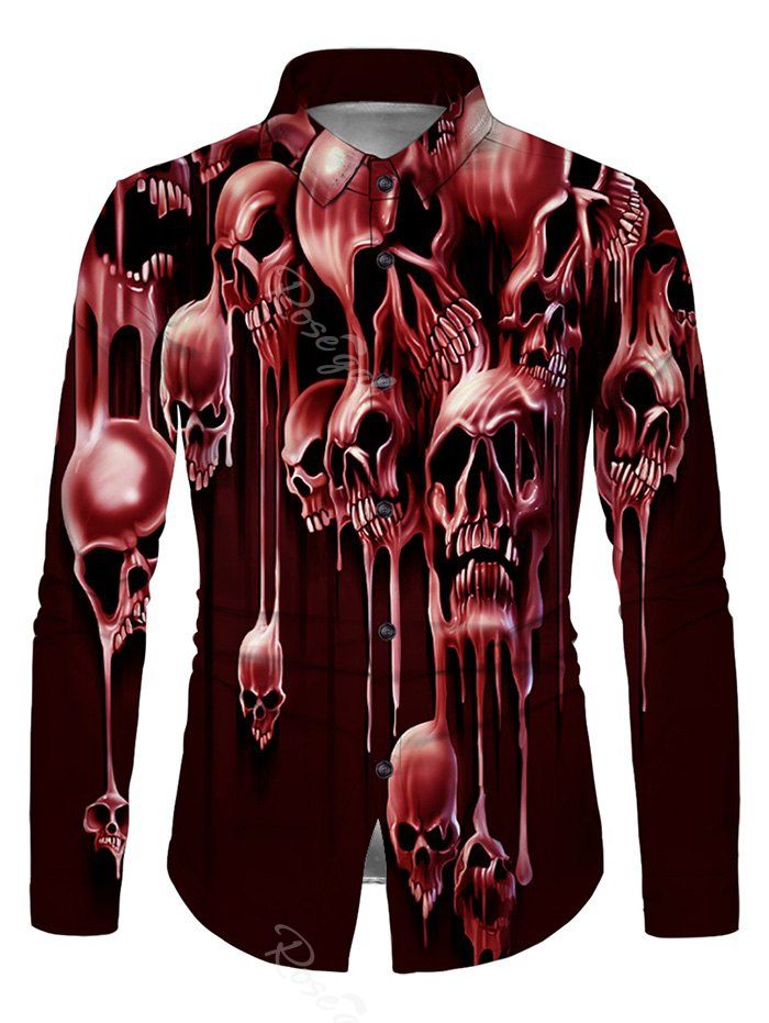 Liquid Skull Print Button Up Long Sleeve Shirt