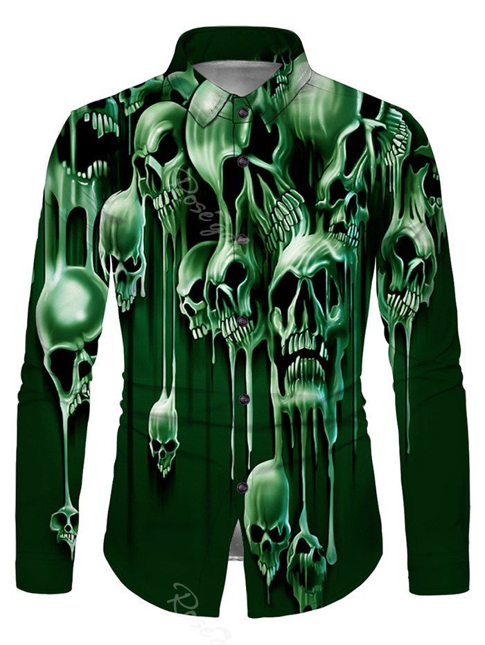 

Liquid Skull Print Button Up Long Sleeve Shirt, Deep green