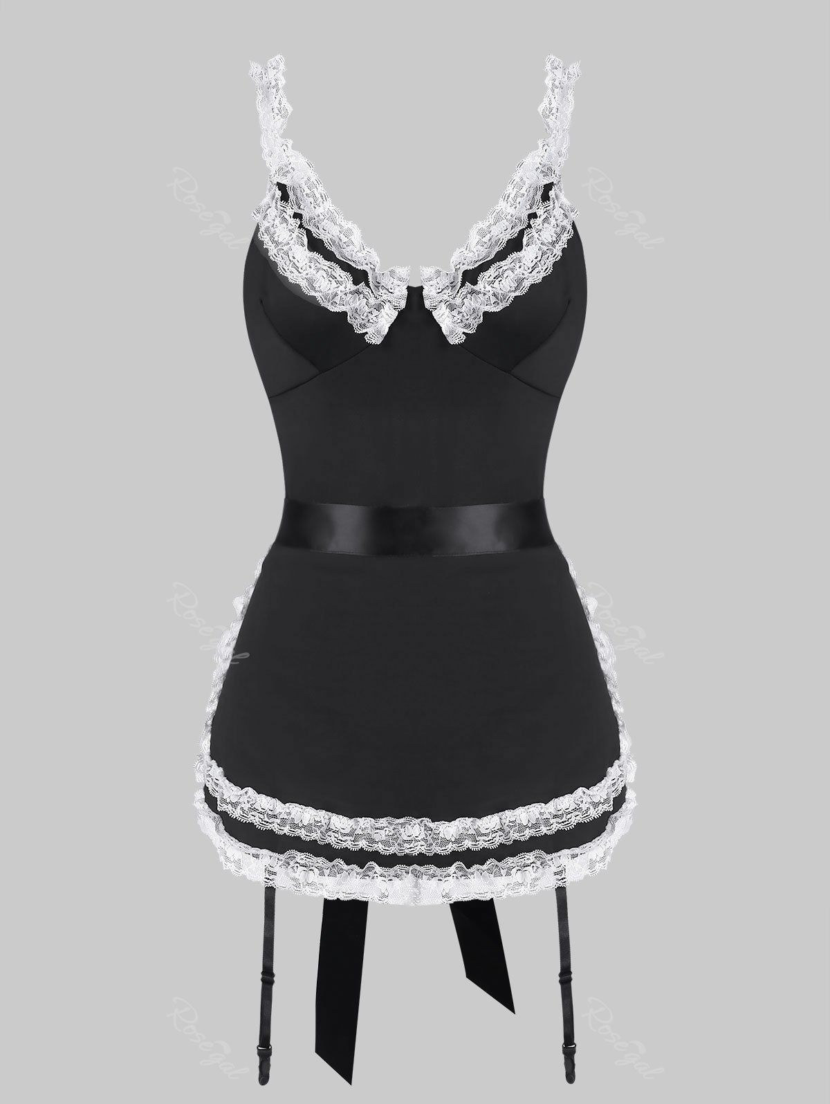 

Plus Size Lace Panel Gartered Maid Costume, Black