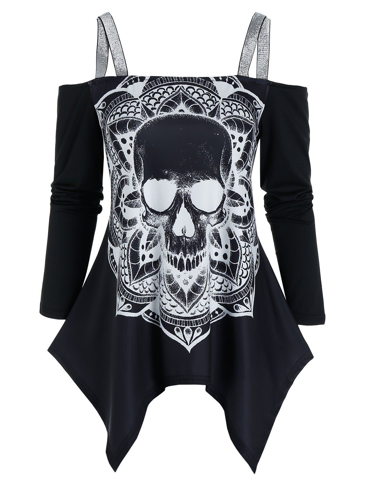 

Cold Shoulder Skull Graphic Asymmetrical T Shirt, Black