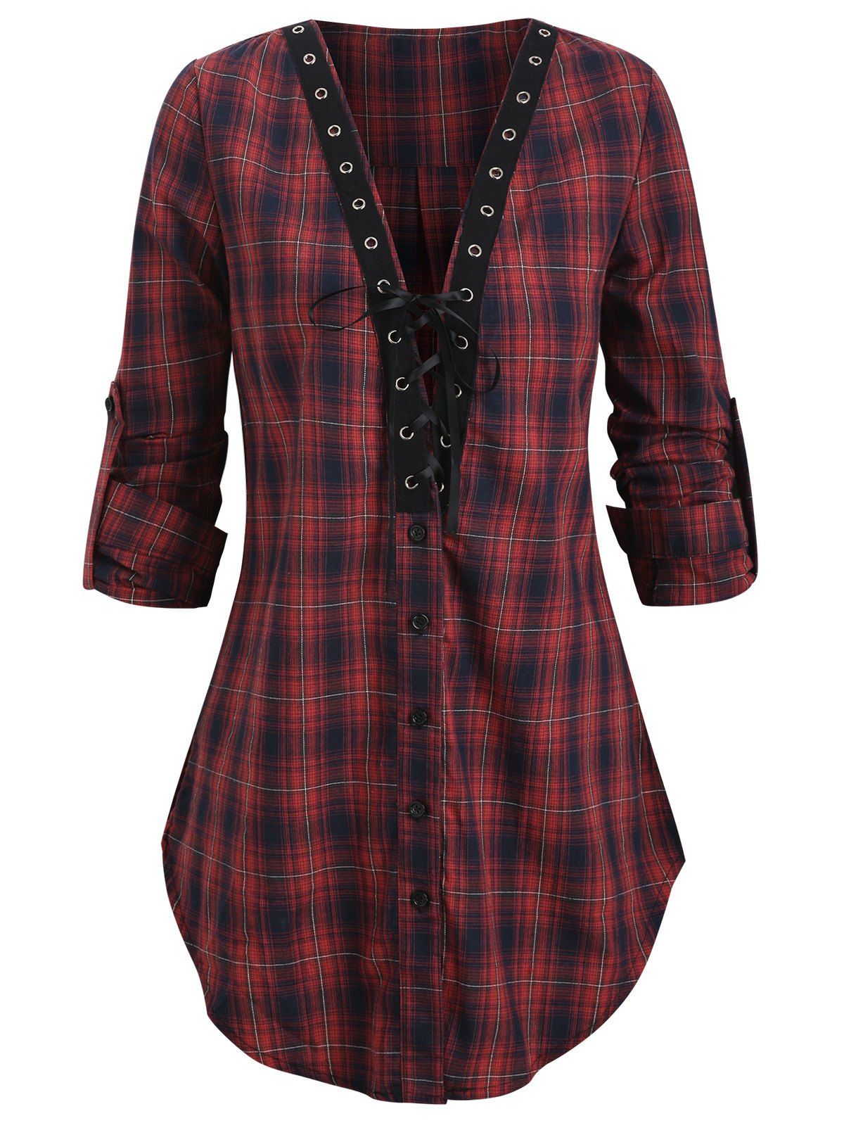 

Plaid Lace-up Long Sleeve Tunic Blouse, Deep red