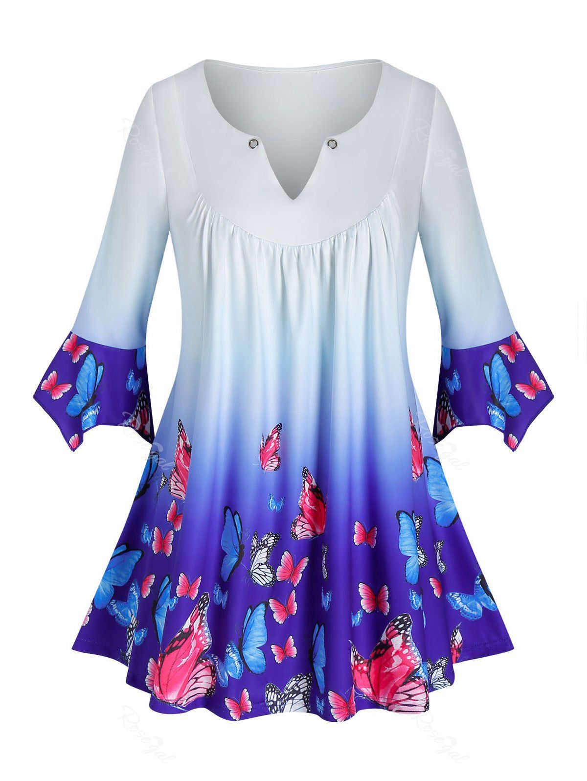 Outfit Plus Size Butterfly Ombre V Notch Tunic Hanky Cuff Tee  