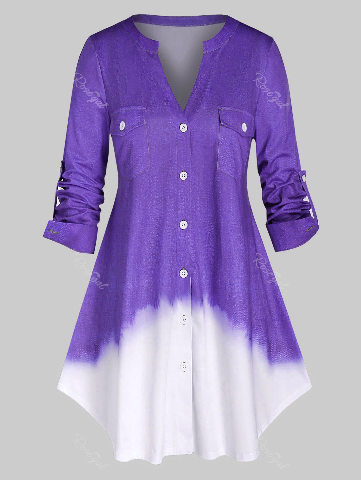 

Plus Size Ombre Color Roll Up Sleeve Shirt, Medium purple