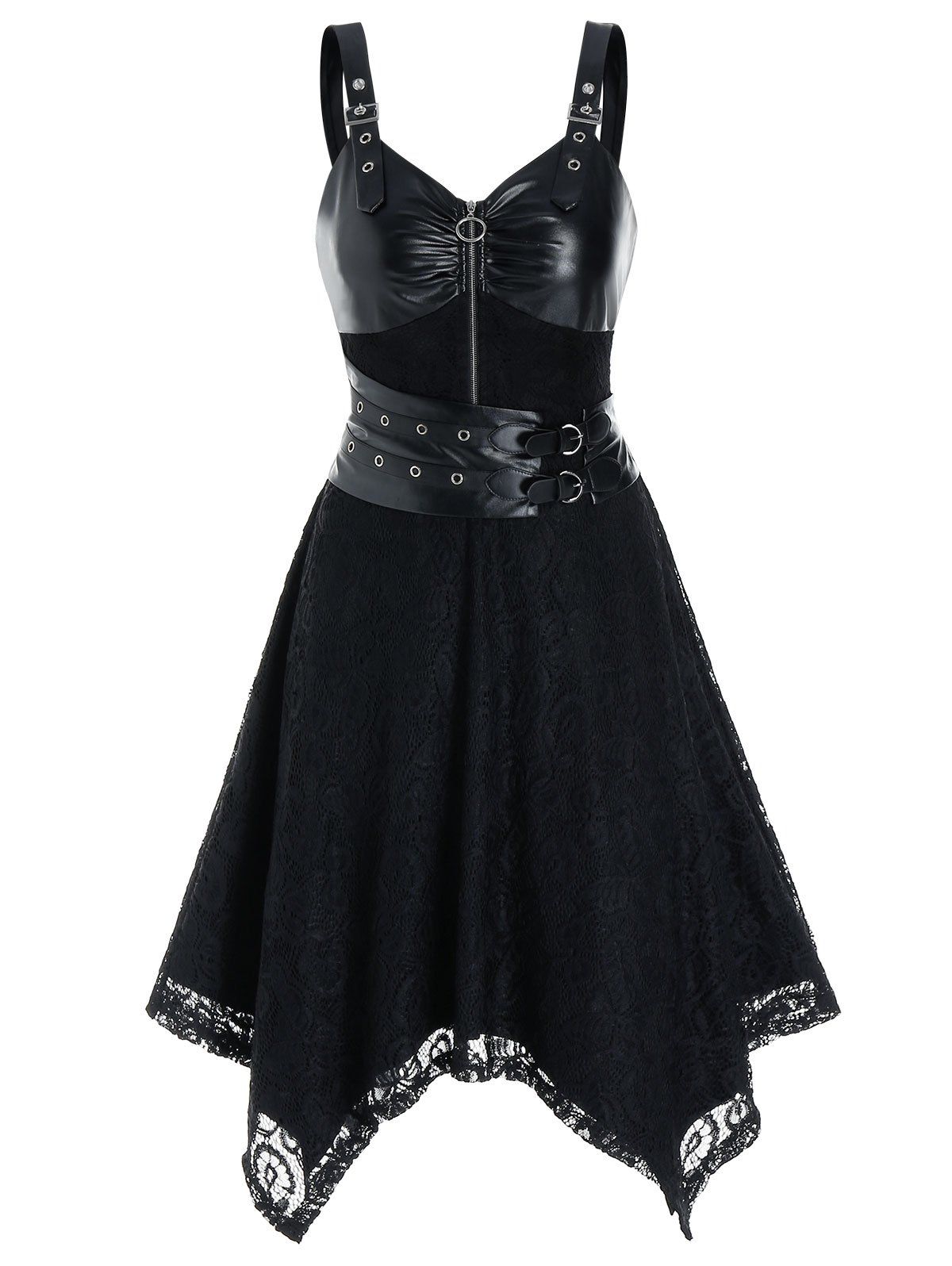 

Sleeveless Half Zip Faux Leather Insert Handkerchief Lace Dress, Black