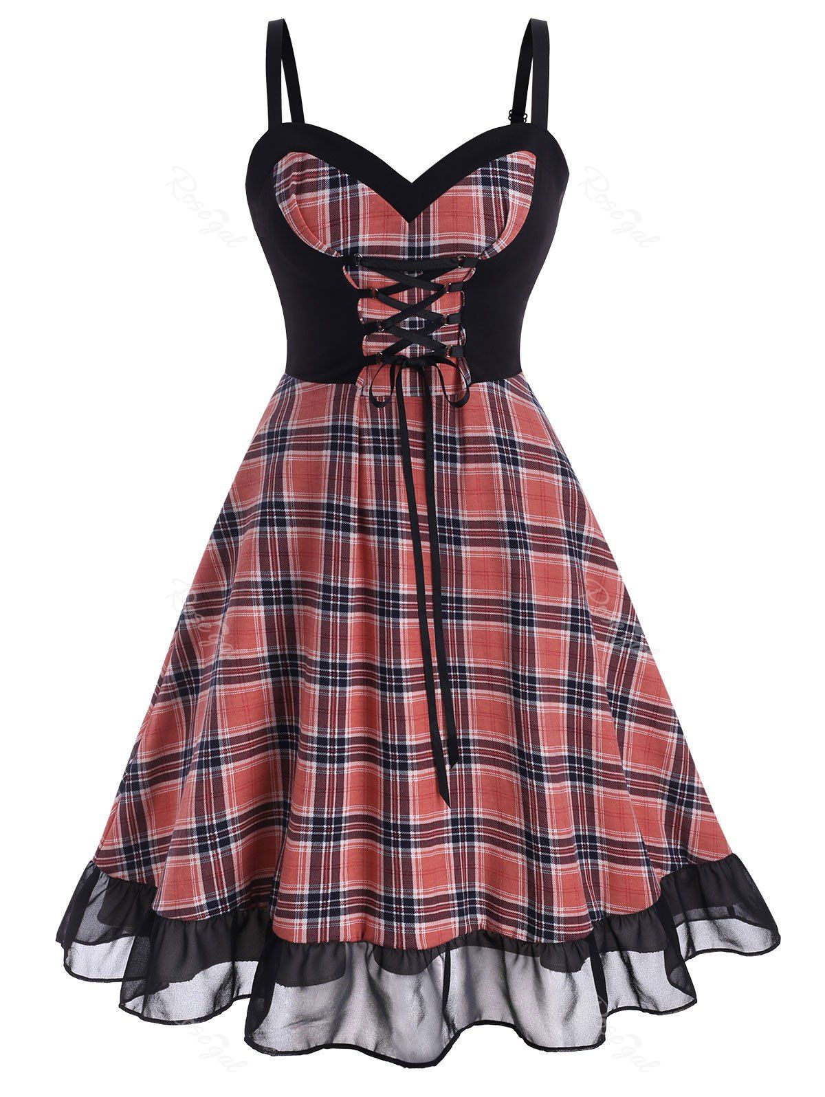 Chic Plus Size Lace-up Flounce Hem Plaid 1950s Dress  