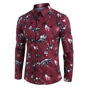 

Halloween Dinosaur Bat Skeleton Print Button Up Shirt, Deep red