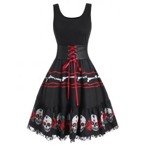 

Halloween Skull Flower Corset Lace Panel Dress, Black