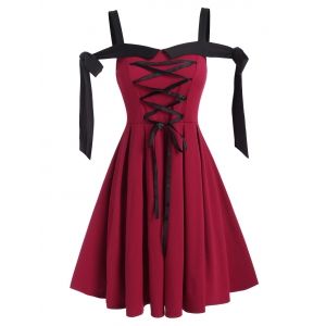 

Lace-up Front Tie Knot Pleated Dress, Red wine