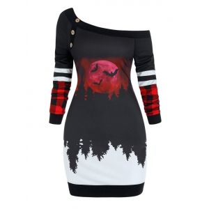 

Halloween Moon Forest Print Skew Neck Sheath Dress, Black