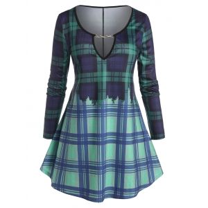 

Plus Size Plaid Chain Keyhole Curved Hem Tunic Tee, Deep green