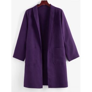 

Plus Size Shawl Collar Patched Pocket Tunic Coat, Purple iris