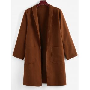 

Plus Size Shawl Collar Patched Pocket Tunic Coat, Caramel